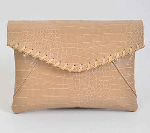 Tan Croc Envelope Clutch